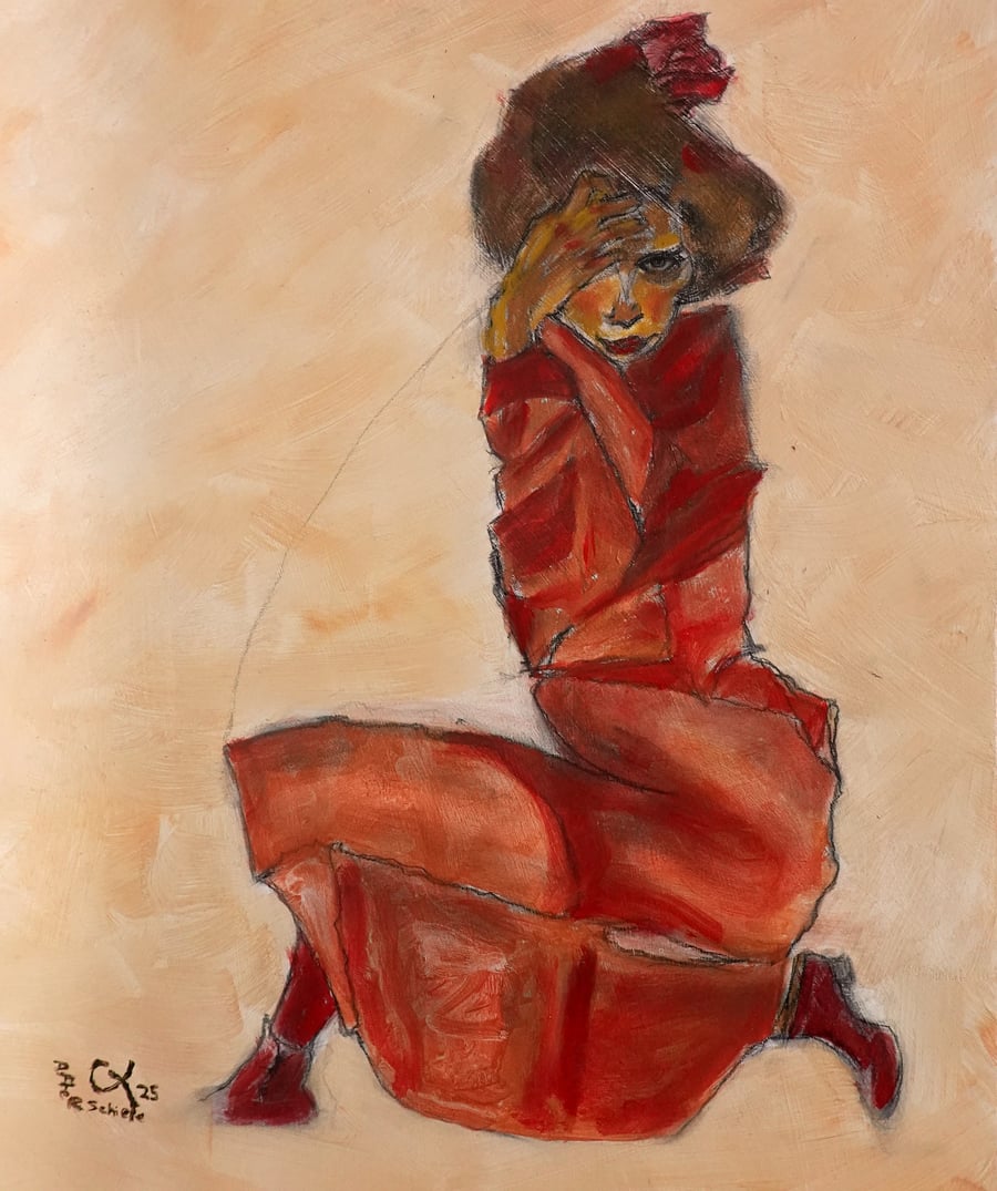 'Orange-Red Dress', Inspired by Schiele, Oil painting 24x16 inch (60x41 cm).