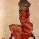 'Orange-Red Dress', Inspired by Schiele, Oil painting 24x16 inch (60x41 cm).