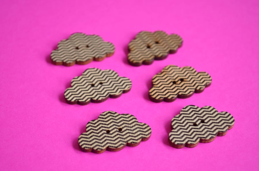 Wooden Cloud Buttons Black and White Zig Zag 6pk 30x20mm (CD2)