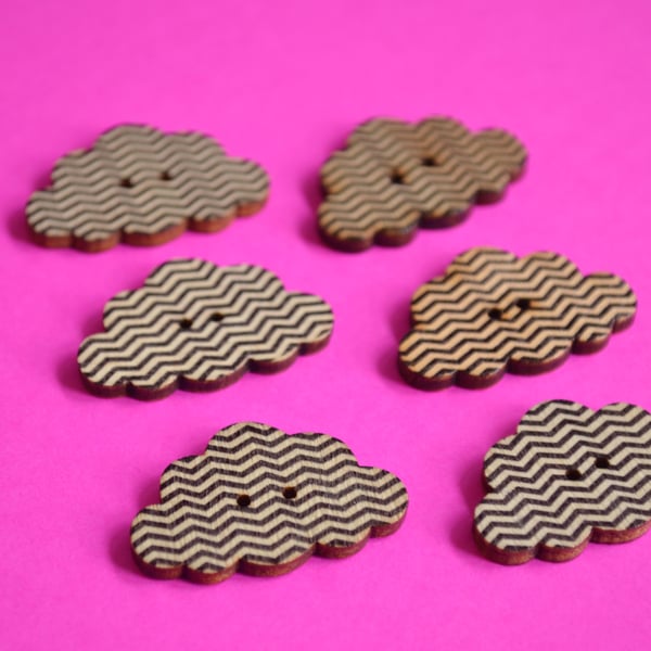 Wooden Cloud Buttons Black and White Zig Zag 6pk 30x20mm (CD2)