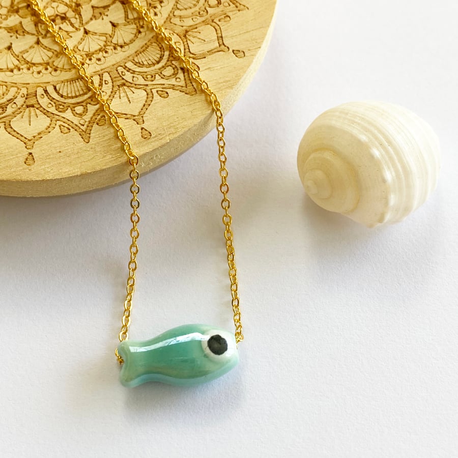 Aqua Ceramic Fish Necklace