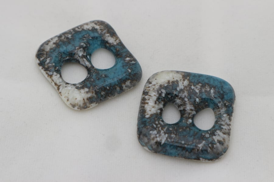 Handmade pair of cast glass buttons - Square beach 