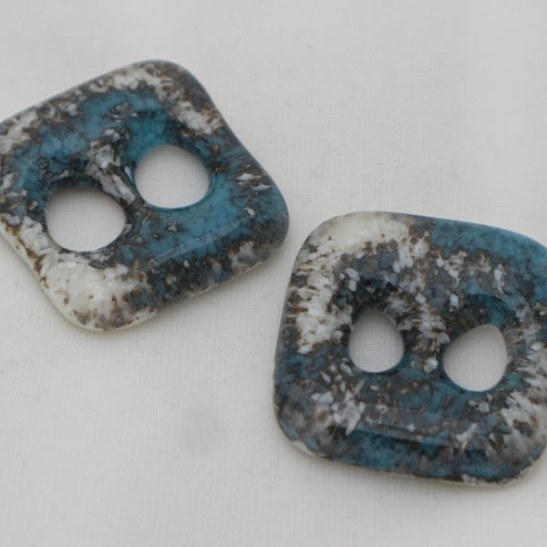 Handmade pair of cast glass buttons - Square beach 