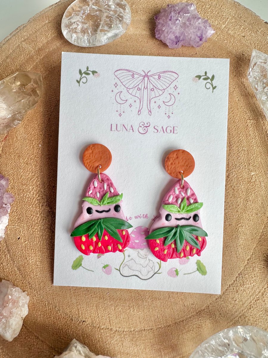 Handmade Strawberry Frog Wizard Polymer Clay Earrings