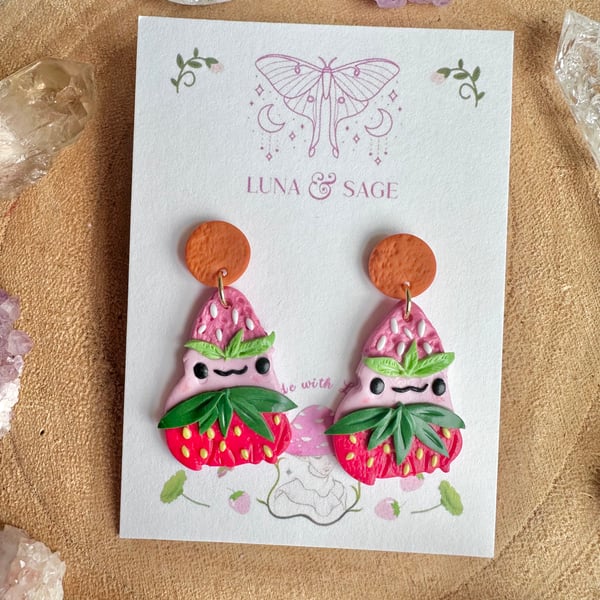 Handmade Strawberry Frog Wizard Polymer Clay Earrings