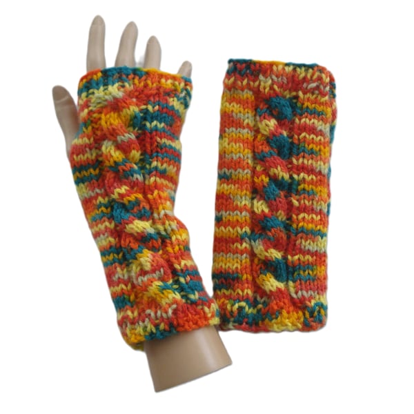 Hand Knitted Multi Colour Chunky Fingerless Gloves Green and Orange (A43)
