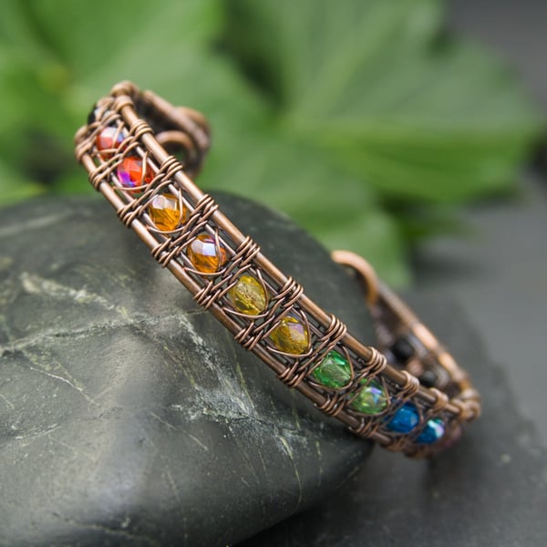 Rainbow Snake Wire Weave Copper Cuff with Faceted Glass Beads