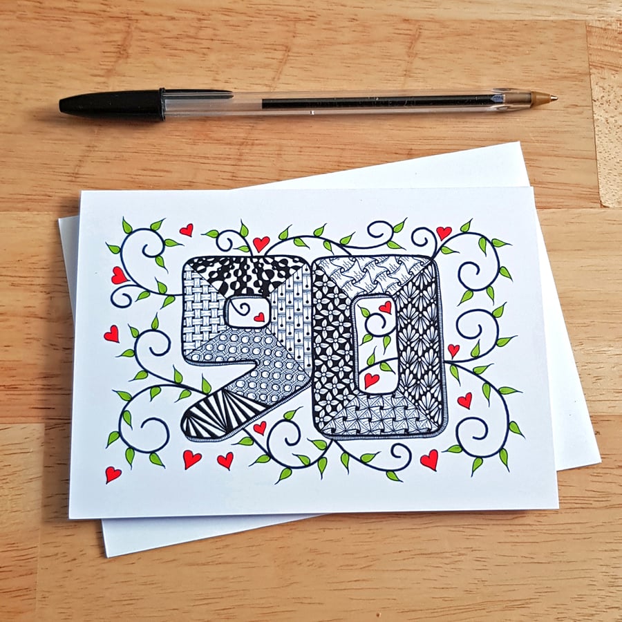 Image of 90th Birthday Card - Hand Drawn Doodle Art Milestone Card