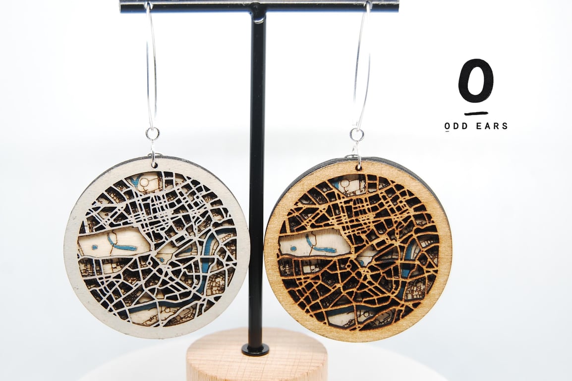 London Map Statement Earrings Laser Cut City Jewellery Layered Wood and Sterling