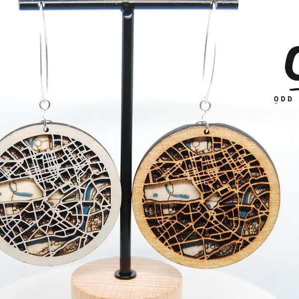London Map Statement Earrings Laser Cut City Jewellery Layered Wood and Sterling