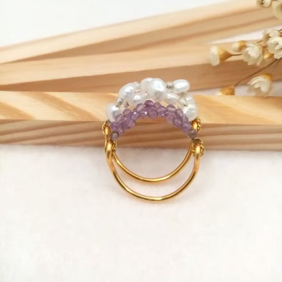 Amethyst & Pearl Cluster Ring Set, Special Occasion Jewellery, Gift Boxed