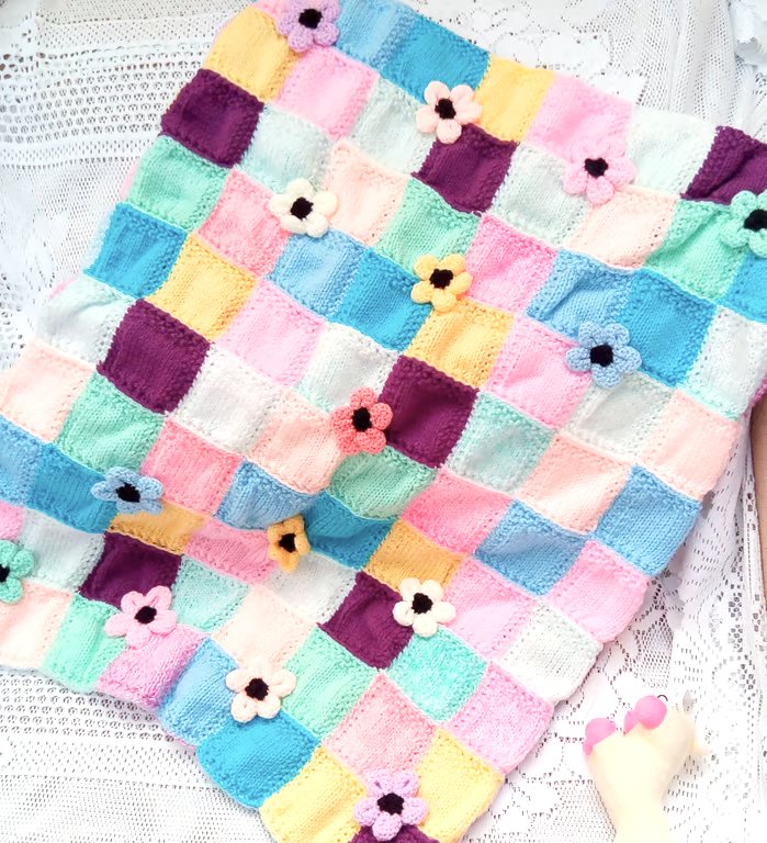 Hand Knitted Double Sided Baby Blanket, Reversible Patchwork Blanket, Baby Gift