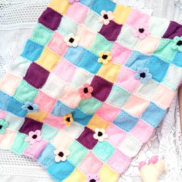 Hand Knitted Double Sided Baby Blanket, Reversible Patchwork Blanket, Baby Gift