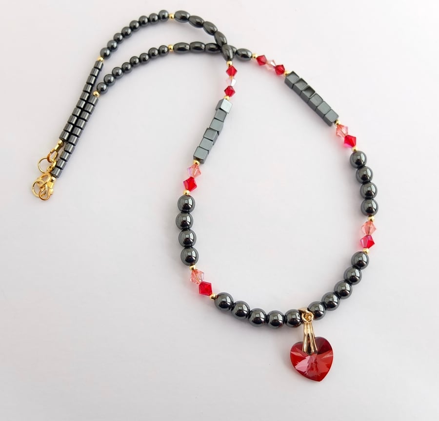 Swarovski Ruby Red Crystal Heart and Hematite Pendant - Handmade In Devon.