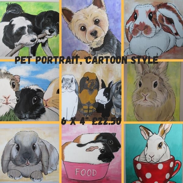 Pet Portrait Cartoon Style 6x4 Cat Dog Rabbit Guinea Pig Hamster Horse Donkey