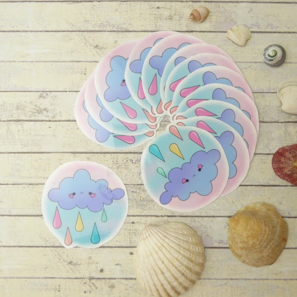 Vinyl Sticker Pastel Clouds Raindrops, April Showers Sticker, Kawaii Clouds Cute