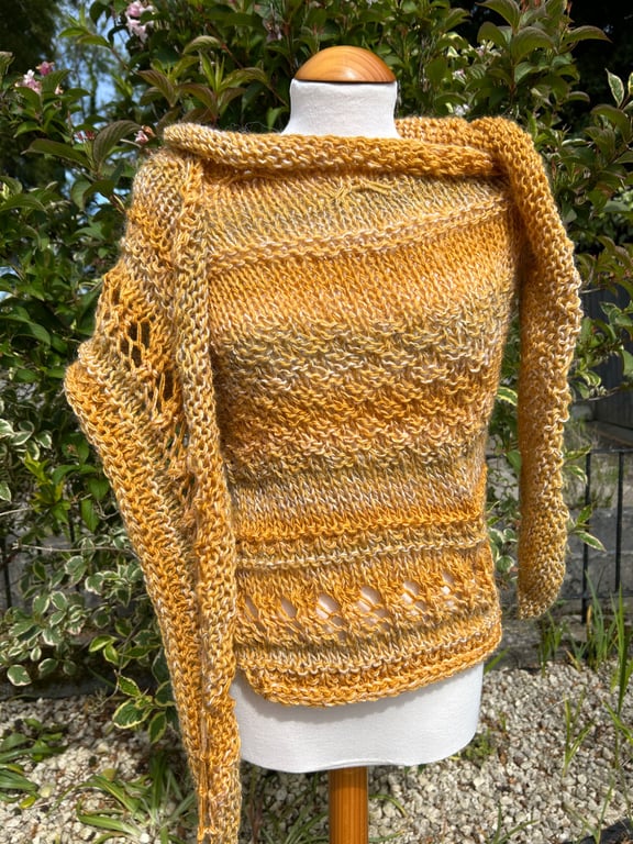 Halo Effect Merino Wool Hand Knitted Textured and Lace Golden Yellow Shawl Wrap