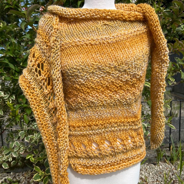 Halo Effect Merino Wool Hand Knitted Textured and Lace Golden Yellow Shawl Wrap