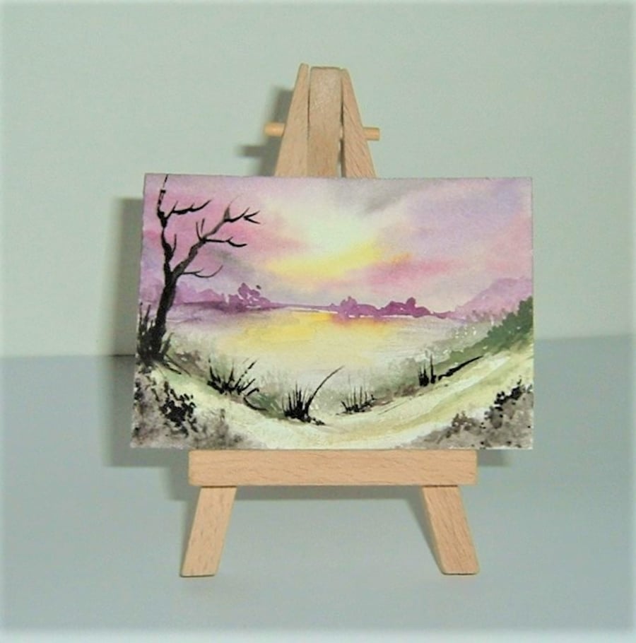 watercolour landscape art painting aceo atc ( ref F 366)