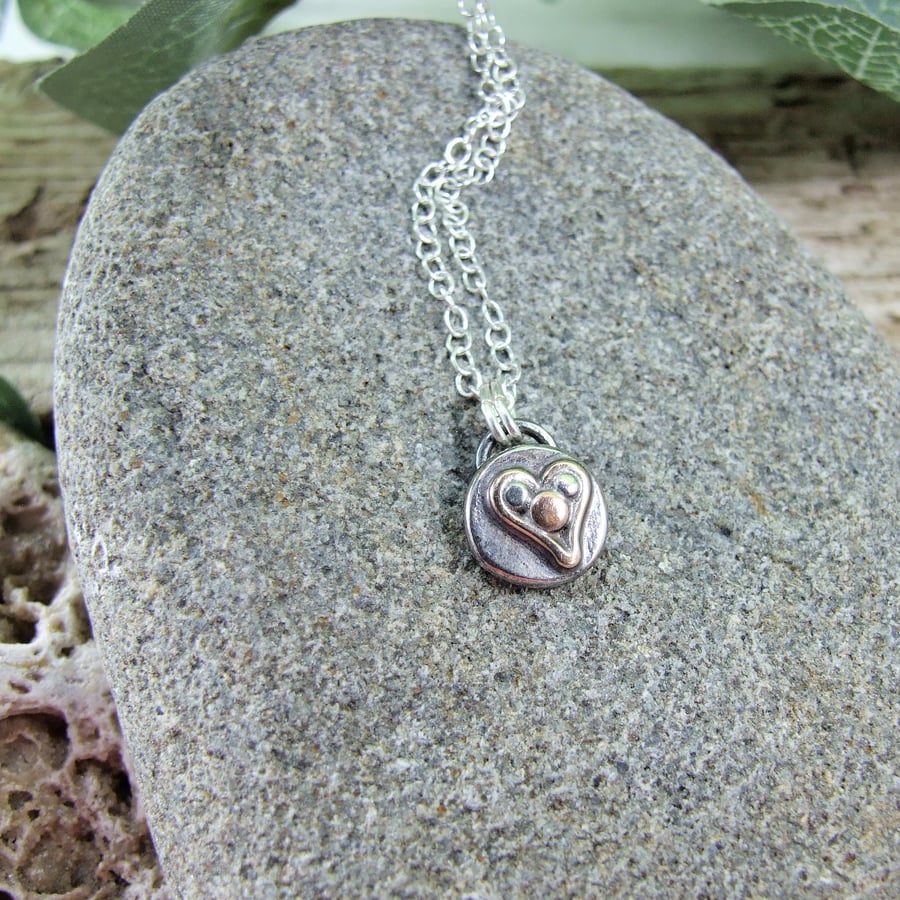 Silver Pebble Pendant with Heart, Recycled Silv... - Folksy