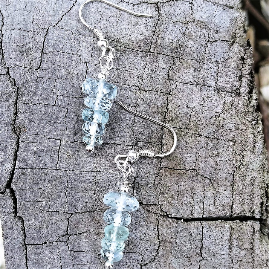 Genuine Aquamarine Sterling Silver Dainty Drop Earrings
