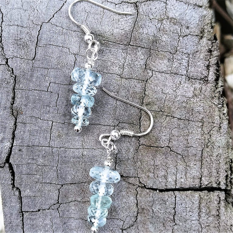 Genuine Aquamarine Sterling Silver Dainty Drop Earrings
