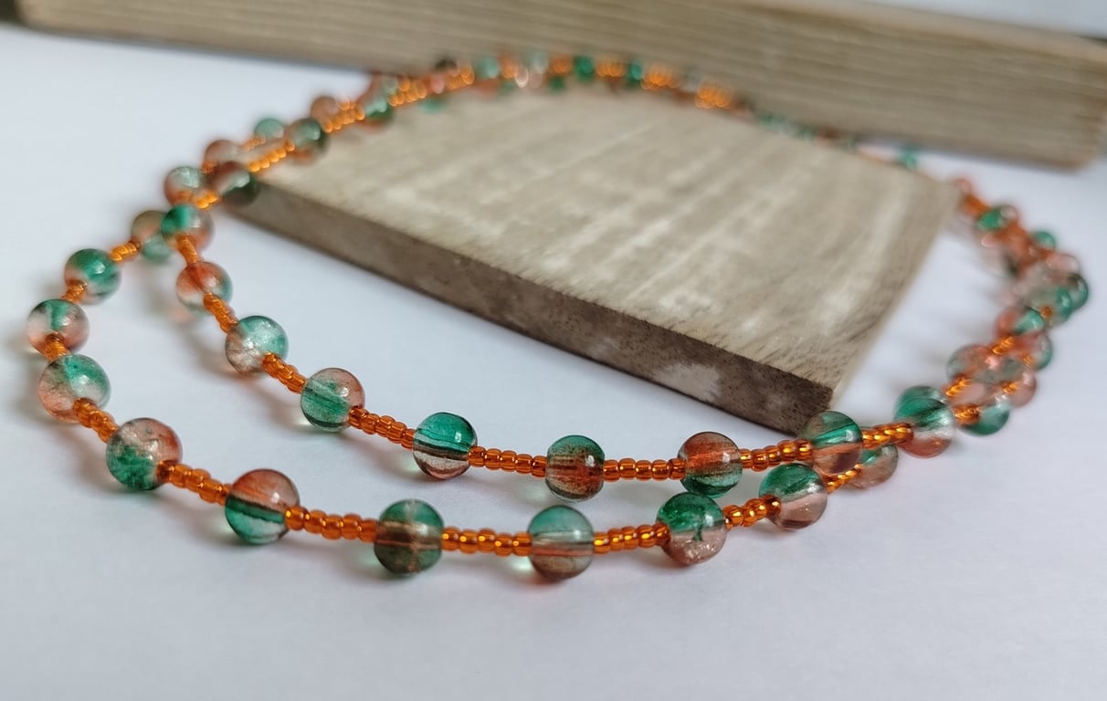 Green, Orange and Pink Crackle Glass Bead Single Strand Necklace