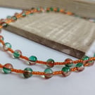 Green, Orange and Pink Crackle Glass Bead Single Strand Necklace