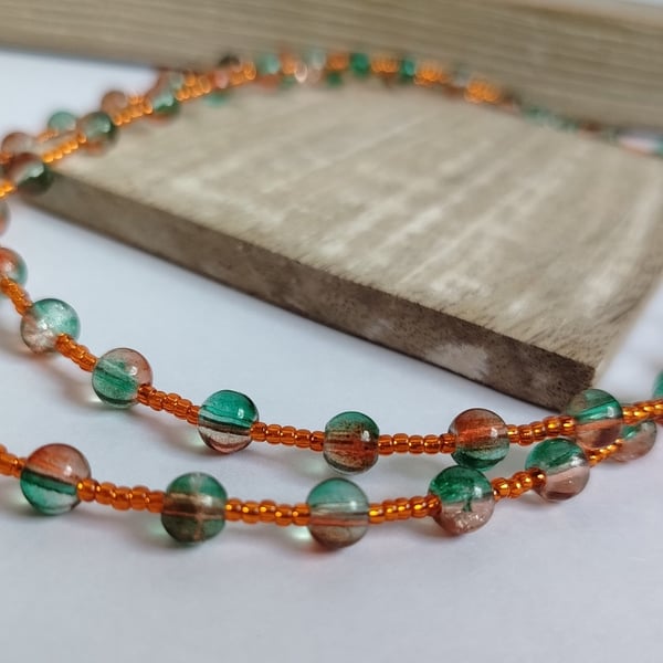 Green, Orange and Pink Crackle Glass Bead Single Strand Necklace