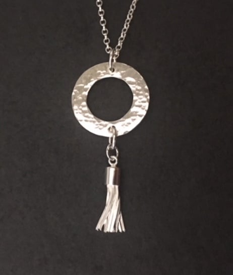 Sterling Silver Tassel Hammered Circle Necklace, 925 Silver Washer Pendant