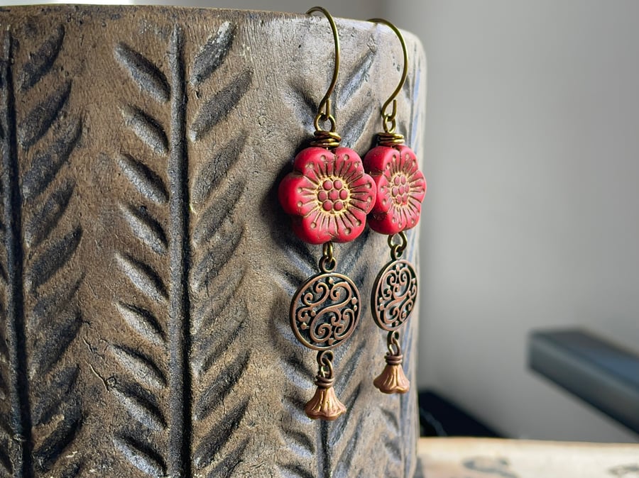Red Flower Earrings. Anemone Blossom Earrings. Bohemian Style Earrings