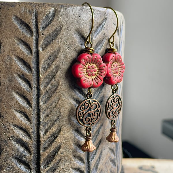 Red Flower Earrings. Anemone Blossom Earrings. Bohemian Style Earrings