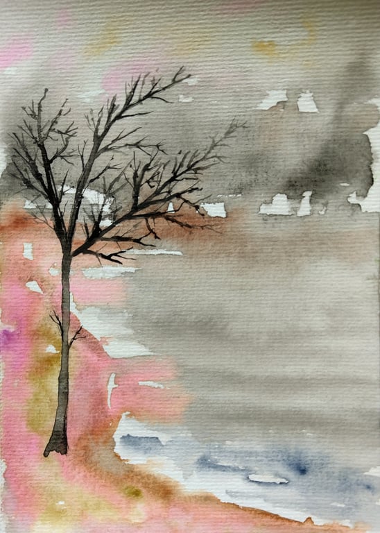 Abstract original watercolour painting Winter scenery Landscape  A5