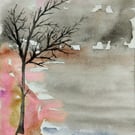 Abstract original watercolour painting Winter scenery Landscape  A5