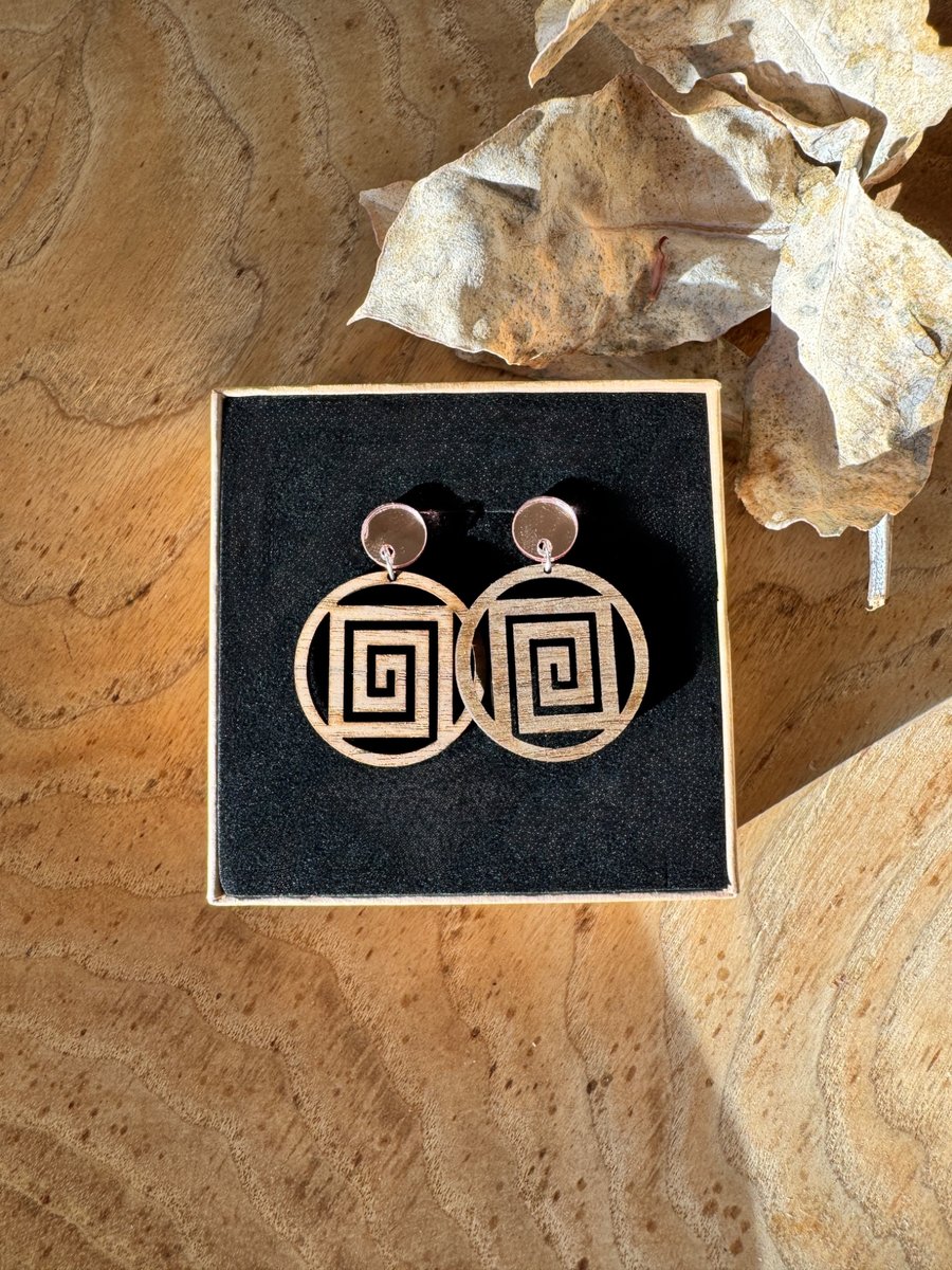 Walnut Wood Earrings - Geometric Labyrinth Statement Dangles