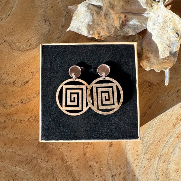 Walnut Wood Earrings - Geometric Labyrinth Statement Dangles