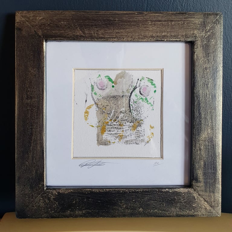 Abstract Linocut and Ink One-of-a-kind in upcycled frame, Perfectly Imperfect