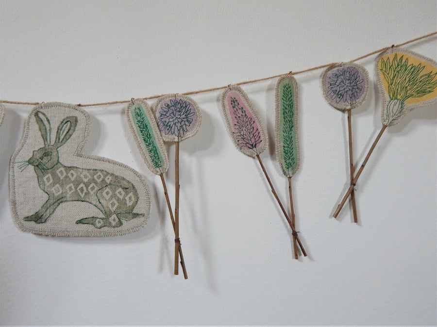 Screen printed hare and wild flowers - 70cm - Bunting, wall hanging