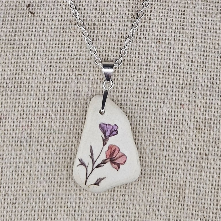 Sterling Silver Wildflower Sea Pottery Necklace - Handmade Coastal Pendant