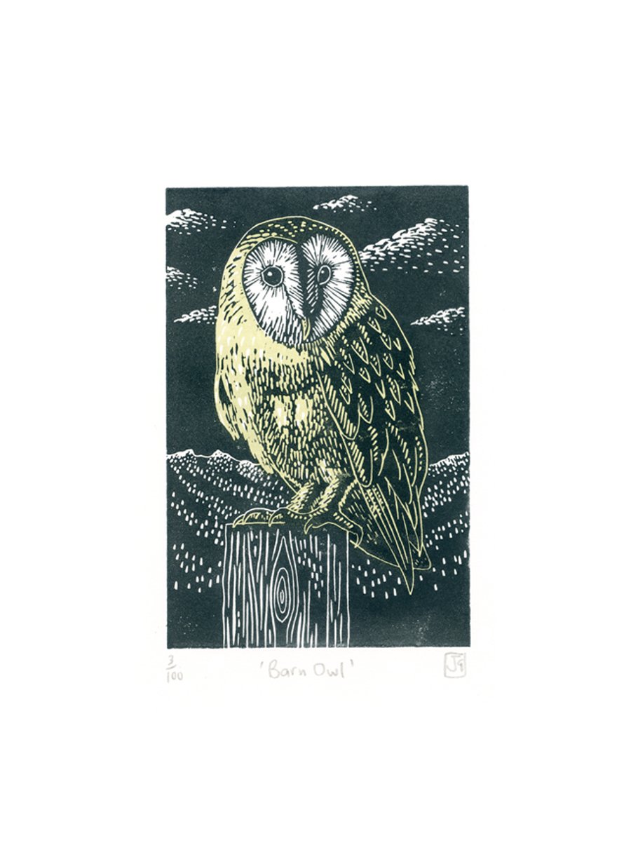 Barn Owl two-colour linocut print