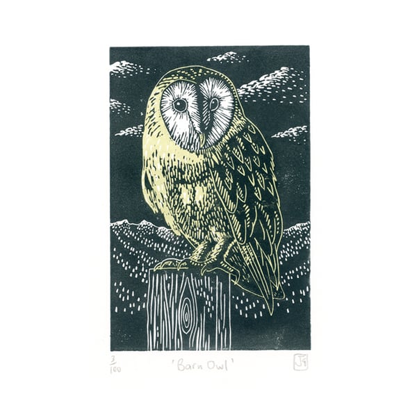 Barn Owl two-colour linocut print