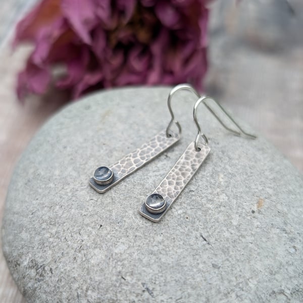 Sterling Silver Hammered Rectangle Earrings with Moonstone - JBJ6007