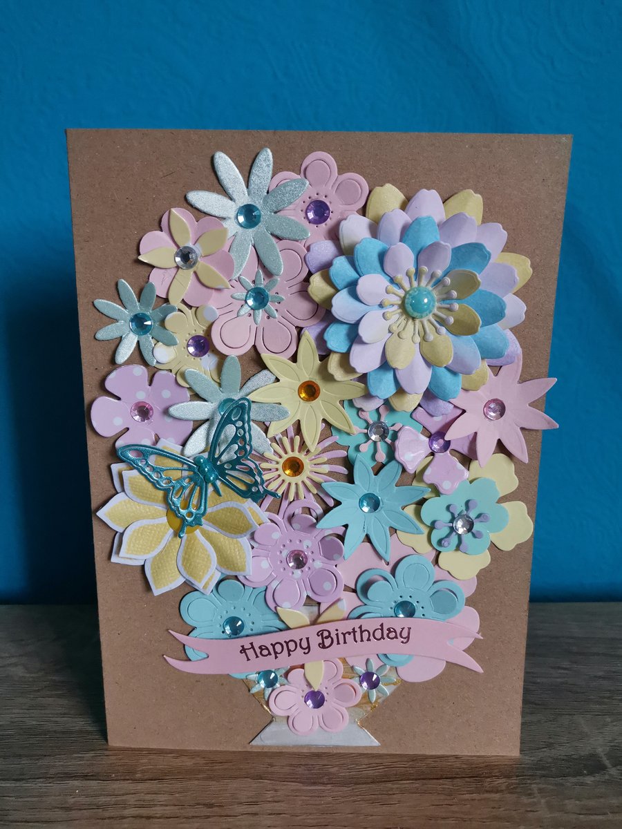 Flower birthday card with butterfly - Luxury handmade keepsake greeting card  