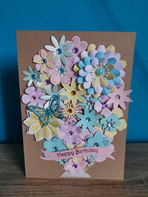 Flower birthday card with butterfly - Luxury handmade keepsake greeting card  