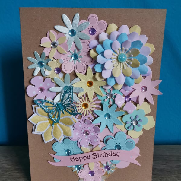 Flower birthday card with butterfly - Luxury handmade keepsake greeting card  