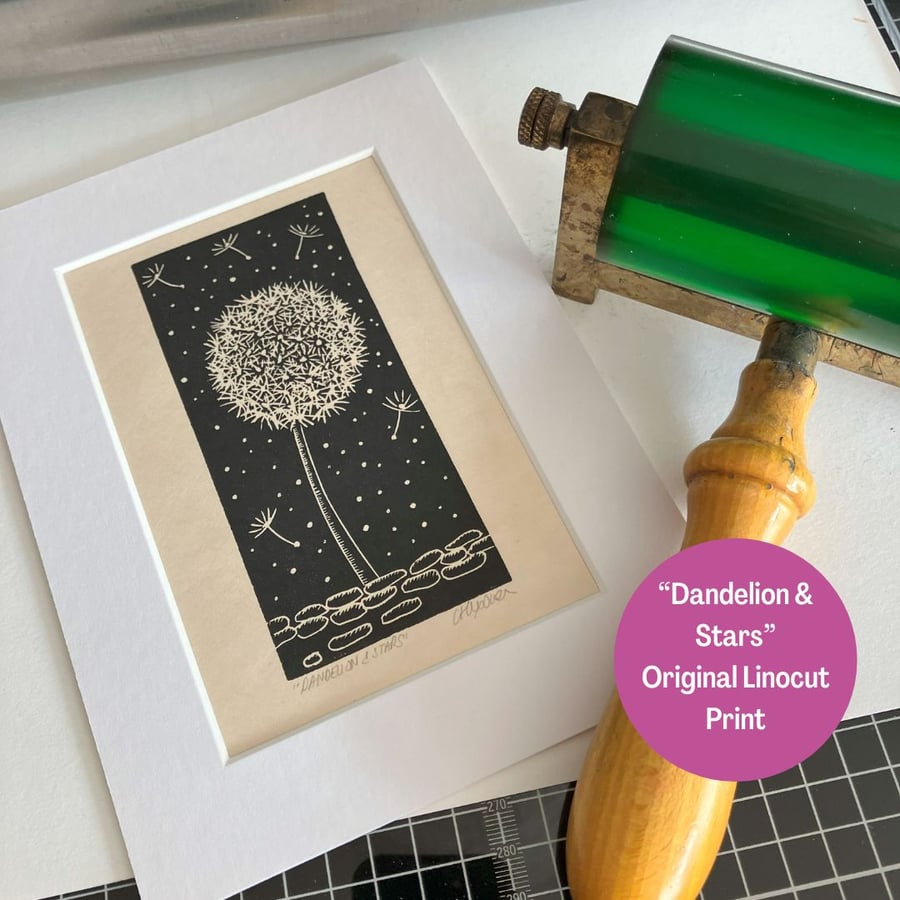 Lino Print - "Dandelion & Stars"