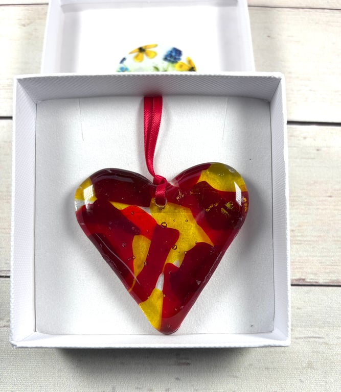 Fused glass hanging heart gold and red