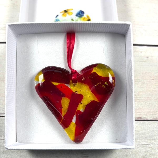 Fused glass hanging heart gold and red