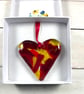 Fused glass hanging heart gold and red