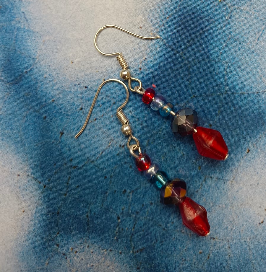 Handmade Glass Beaded Red and Purple Earrings